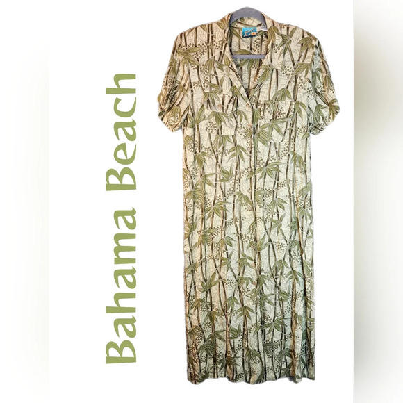 Bahama Beach Womens Bamboo Tropical Print Full Front Button Shirt Dress Sz M - Picture 1 of 13
